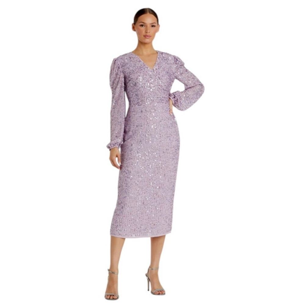Mac Duggal Size 6 Lavender Sequined Illusion Puff Sleeve 107461 Midi Dress NEW